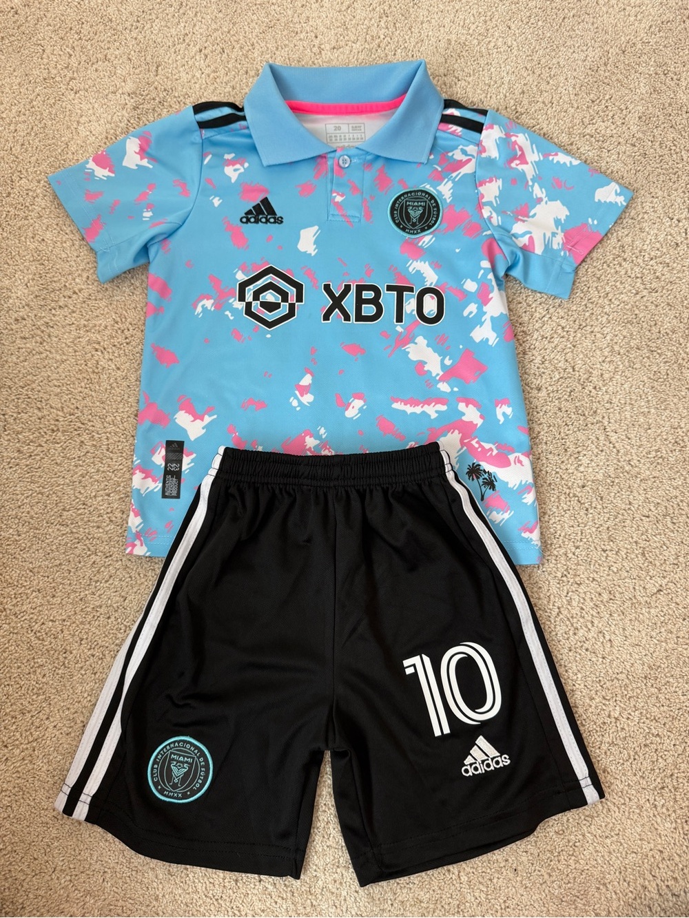 Adidas Miami Messi Light Blue & Pink Camo Soccer Polo with Black Shorts Kit